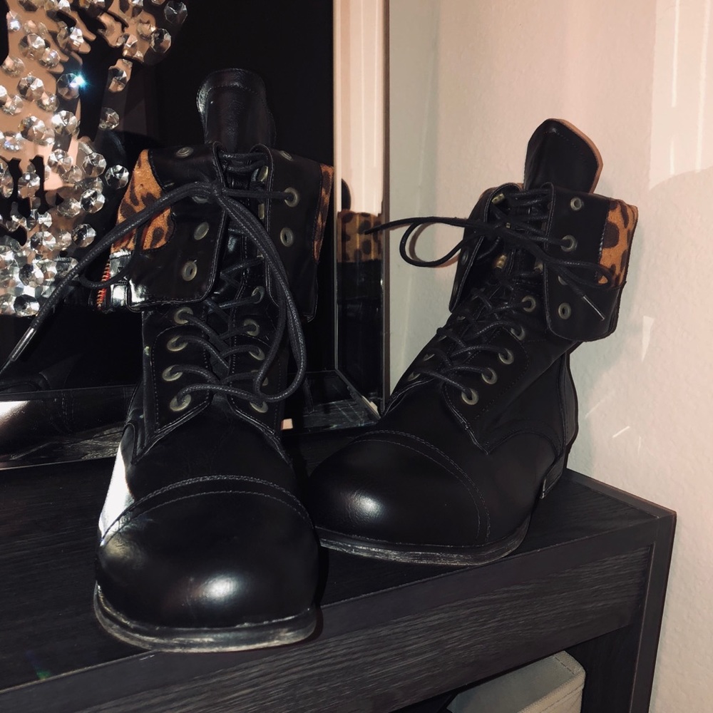 Bamboo | Black Leopard Combat Boots